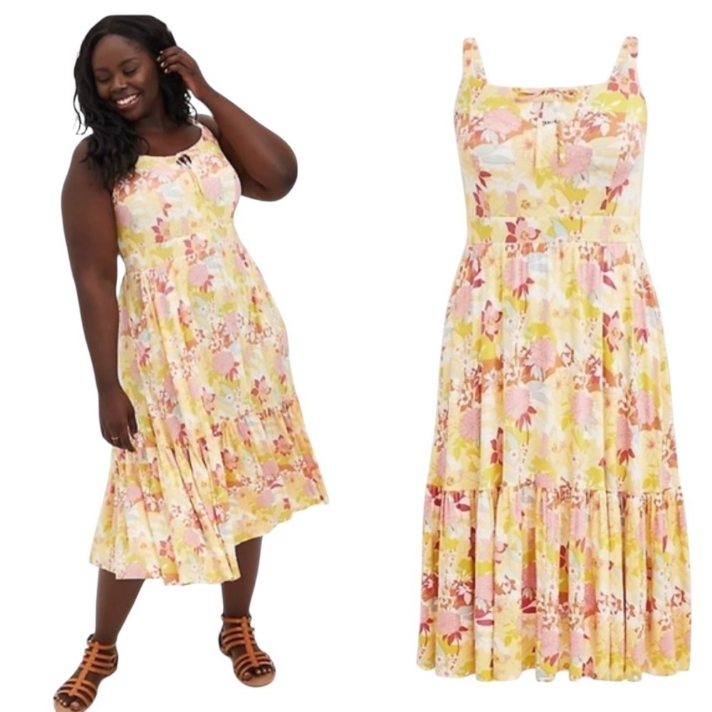 TORRID Super Soft Tiered Midi Dress - Yellow‎ Floral Cottagecore Size 2X